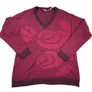 Soft Surroundings Wool Blend Medium Striped Floral V-Neck‎ Knit Sweater Womens